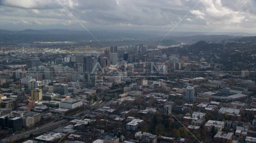 A view across the city of Downtown Portland, Oregon Aerial Stock Photo AX154_229.0000000F | Axiom Images