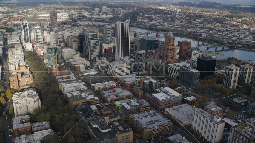 PacWest Center, Wells Fargo Center, KOIN Center and skyscrapers in Downtown Portland, Oregon Aerial Stock Photo AX154_232.0000244F | Axiom Images