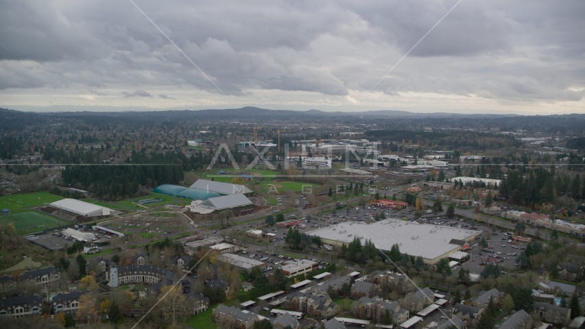 Shopping center and Tualatin Hills Sports Complex near Nike Headquarters, Beaverton, Oregon Aerial Stock Photo AX155_008.0000037F | Axiom Images
