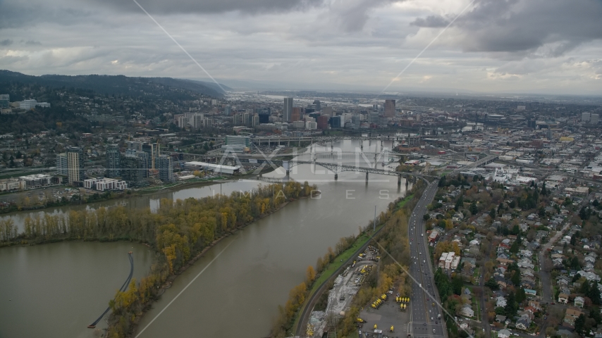 South Waterfront condo high-rises, bridges over the Willamette River, and Downtown Portland, Oregon Aerial Stock Photo AX155_022.0000225F | Axiom Images
