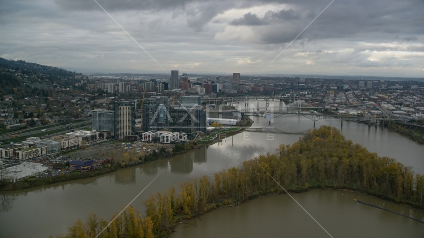 Willamette River and Ross Island, South Waterfront and Downtown Portland, Oregon Aerial Stock Photo AX155_026.0000098F | Axiom Images