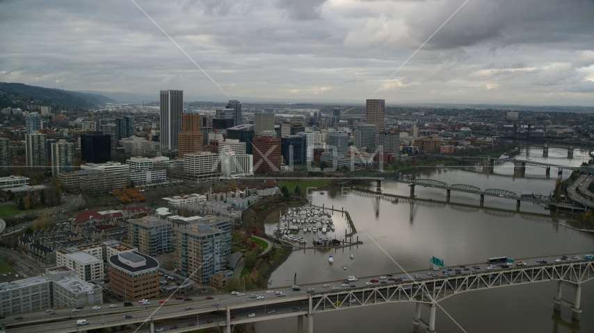Marquis Bridge, Riverplace Marina and Downtown Portland, Oregon Aerial Stock Photo AX155_028.0000228F | Axiom Images