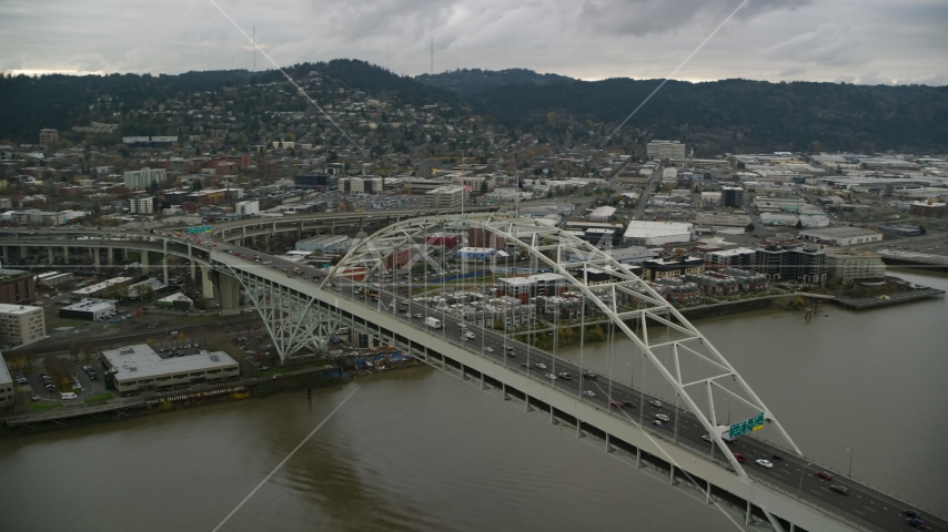 The Fremont Bridge in Downtown Portland, Oregon Aerial Stock Photo AX155_034.0000061F | Axiom Images