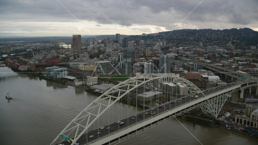 Fremont Bridge near skyscrapers in Downtown Portland, Oregon Aerial Stock Photo AX155_035.0000270F | Axiom Images