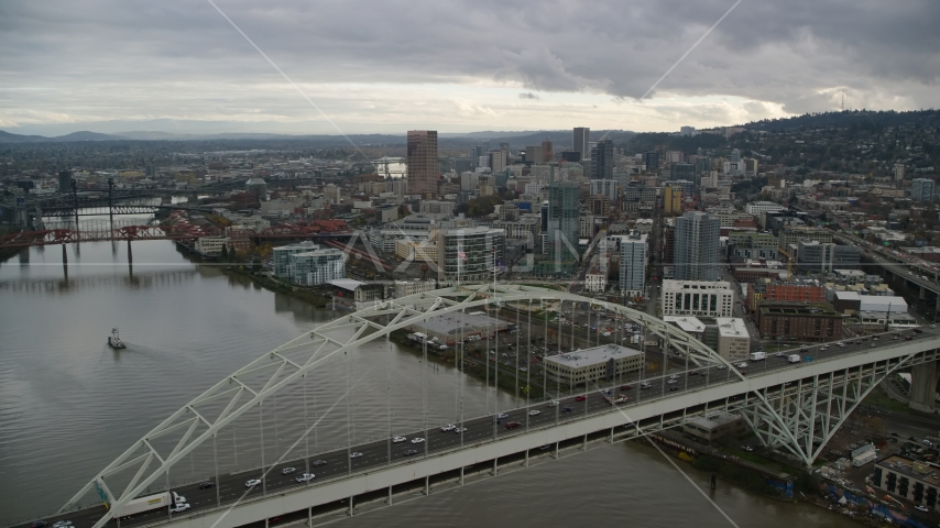 Fremont Bridge and skyscrapers in Downtown Portland, Oregon Aerial Stock Photo AX155_036.0000000F | Axiom Images