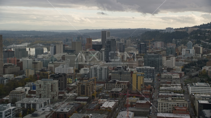 Downtown near skyscrapers, Downtown Portland, Oregon Aerial Stock Photo AX155_037.0000253F | Axiom Images