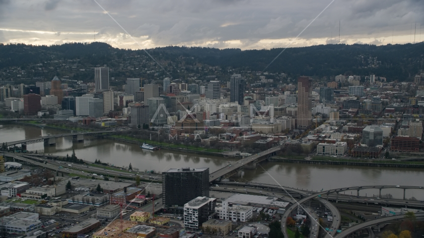 Downtown Portland, Oregon, seen across the Willamette River Aerial Stock Photo AX155_042.0000166F | Axiom Images
