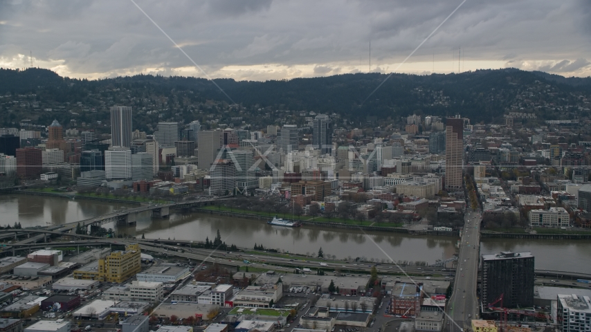 Bridges over the Willamette River and Downtown Portland, Oregon Aerial Stock Photo AX155_043.0000000F | Axiom Images