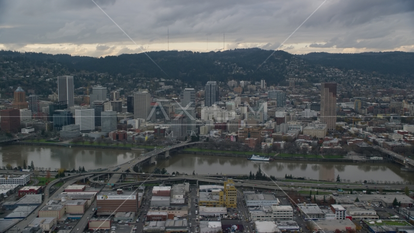 Bridges over the Willamette River and Downtown Portland, Oregon Aerial Stock Photo AX155_043.0000227F | Axiom Images