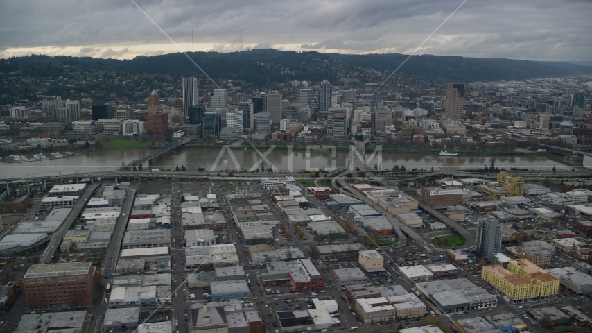 Bridges over the Willamette River leading to Downtown Portland, Oregon Aerial Stock Photo AX155_044.0000142F | Axiom Images