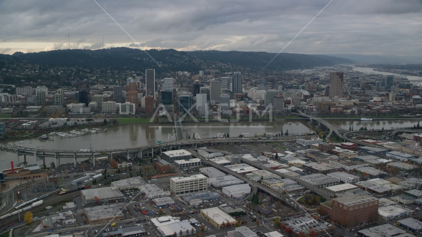 Bridges spanning the Willamette River leading to Downtown Portland, Oregon Aerial Stock Photo AX155_045.0000130F | Axiom Images