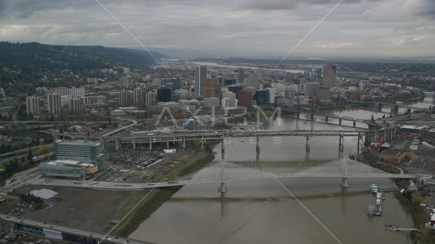Willamette River and bridges near Downtown Portland, Oregon Aerial Stock Photo AX155_047.0000000F | Axiom Images