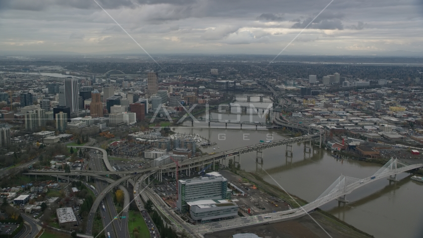 Downtown Portland and bridges over the Willamette River in Oregon Aerial Stock Photo AX155_048.0000242F | Axiom Images