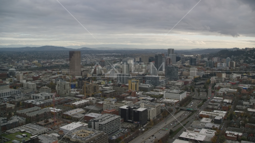 Downtown Portland cityscape and I-405 in Oregon Aerial Stock Photo AX155_055.0000159F | Axiom Images