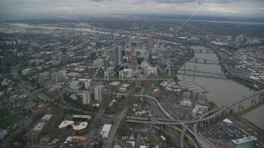 Downtown Portland cityscape and the Willamette River in Oregon Aerial Stock Photo AX155_081.0000000F | Axiom Images