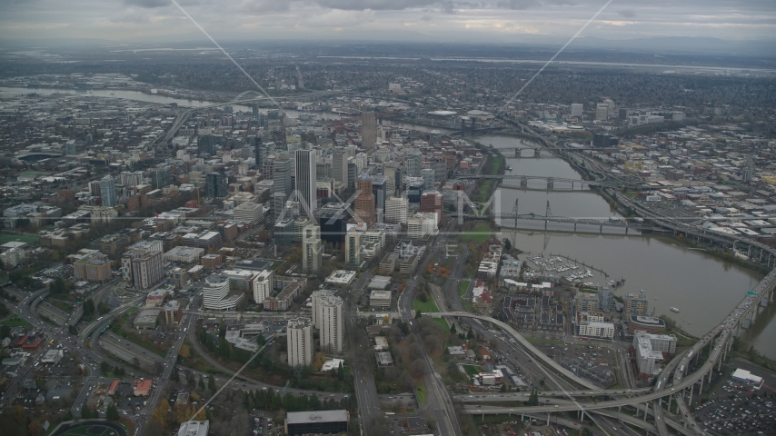 Downtown Portland cityscape and the Willamette River in Oregon Aerial Stock Photo AX155_081.0000209F | Axiom Images