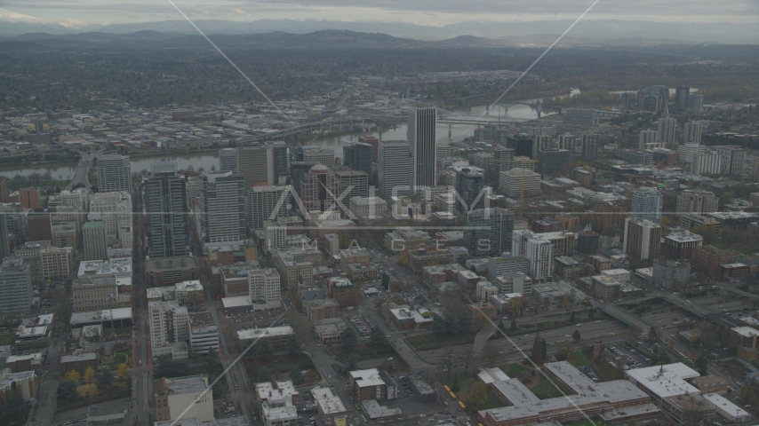 Downtown Portland cityscape with Willamette River behind it in Oregon Aerial Stock Photo AX155_100.0000000F | Axiom Images