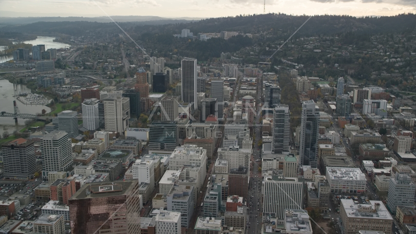 The Downtown Portland cityscape in Oregon Aerial Stock Photo AX155_102.0000322F | Axiom Images