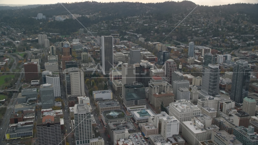The Downtown Portland cityscape in Oregon Aerial Stock Photo AX155_103.0000312F | Axiom Images