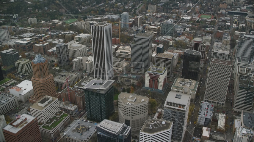 KOIN Center, Wells Fargo Center, PacWest Center, Portland City Hall, and high-rises in Downtown Portland, Oregon Aerial Stock Photo AX155_105.0000165F | Axiom Images