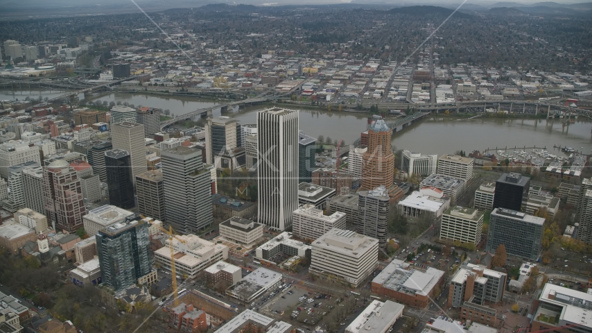 Wells Fargo Center, KOIN Center, and high-rises near the Willamette River in Downtown Portland, Oregon Aerial Stock Photo AX155_108.0000325F | Axiom Images