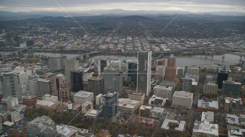 Downtown skyscrapers and high-rises near the Willamette River in Downtown Portland, Oregon Aerial Stock Photo AX155_109.0000158F | Axiom Images