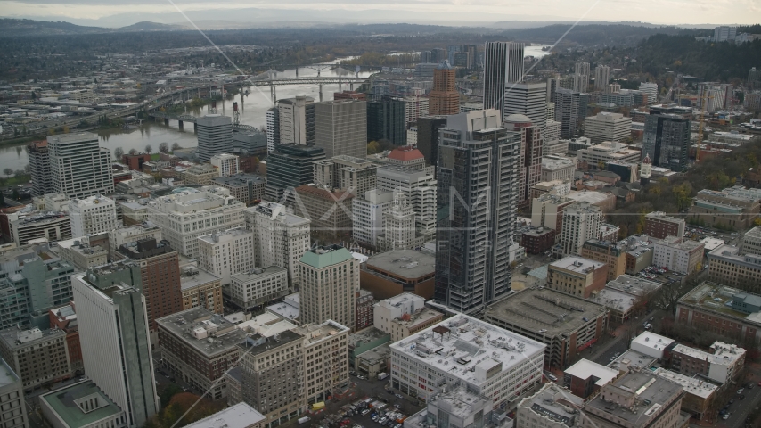 Skyscrapers and high-rises in Downtown Portland, Oregon Aerial Stock Photo AX155_112.0000000F | Axiom Images