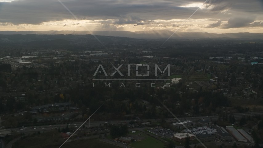 Suburban neighborhood with a lot of trees in Beaverton, Oregon, sunset Aerial Stock Photo AX155_123.0000000F | Axiom Images