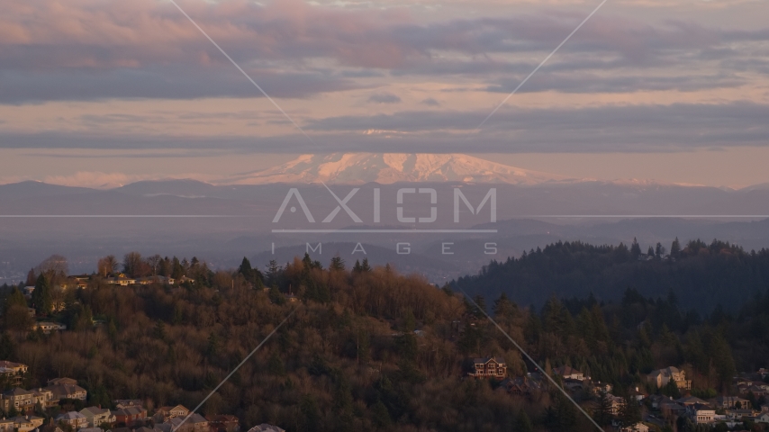 Mount Hood seen from hillside homes in Northwest Portland, Oregon Aerial Stock Photo AX155_136.0000000F | Axiom Images