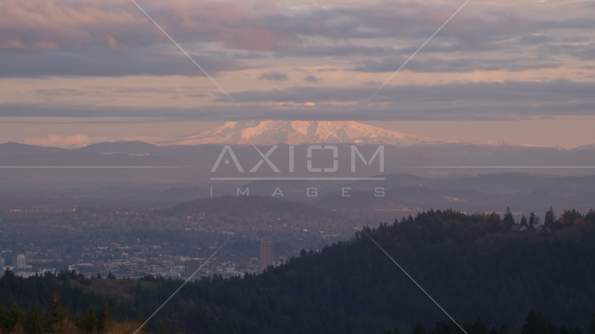Mount Hood seen from hills in Northwest Portland, Oregon Aerial Stock Photo AX155_137.0000233F | Axiom Images