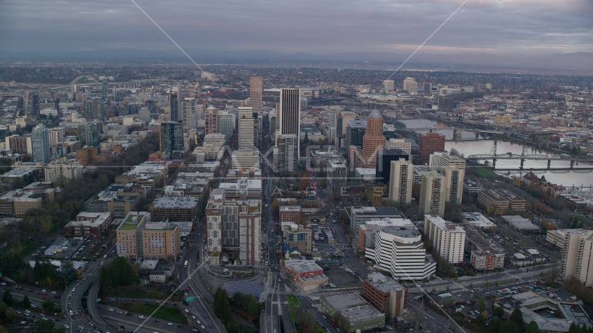 Downtown Portland, Oregon at sunset, by the Willamette River Aerial Stock Photo AX155_150.0000000F | Axiom Images