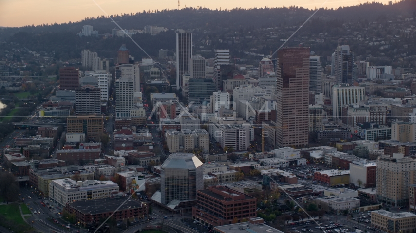 Skyscrapers and high-rises in Downtown Portland, Oregon, sunset Aerial Stock Photo AX155_156.0000192F | Axiom Images