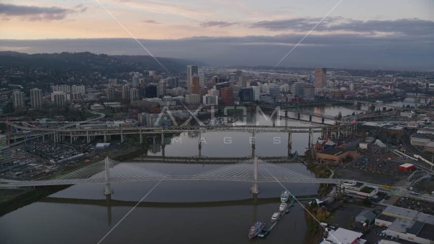 Willamette River and bridges, Downtown Portland at sunset, Oregon Aerial Stock Photo AX155_171.0000237F | Axiom Images
