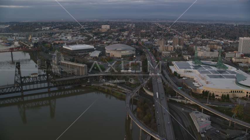 I-5 to Veterans Memorial Colosseum and Moda Center in Lloyd District, Portland, Oregon, sunset Aerial Stock Photo AX155_175.0000000F | Axiom Images