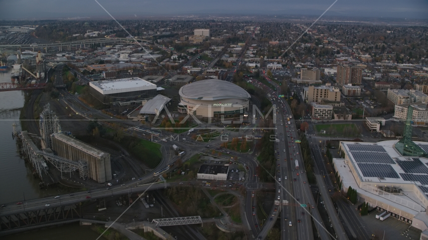 I-5 near Veterans Memorial Colosseum and Moda Center in Lloyd District, Portland, Oregon, sunset Aerial Stock Photo AX155_175.0000153F | Axiom Images