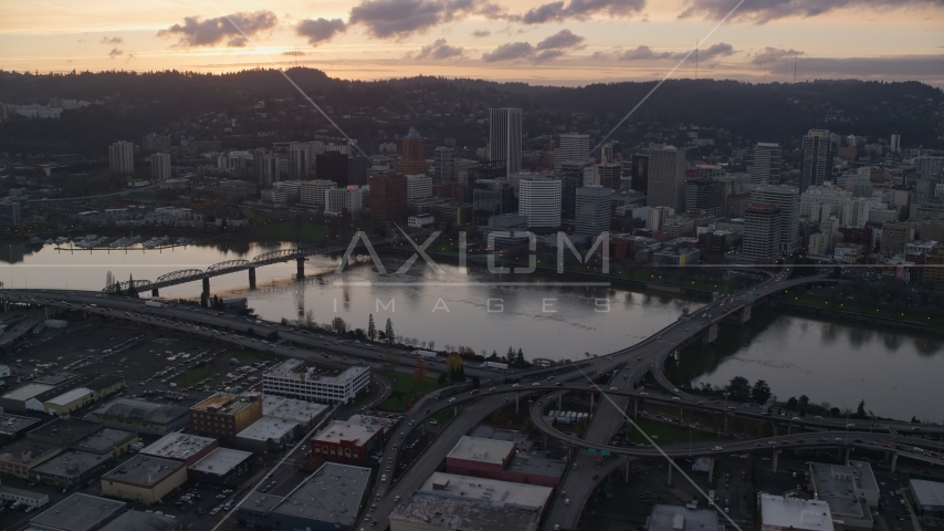 The Willamette River and Downtown Portland at sunset in Oregon Aerial Stock Photo AX155_178.0000000F | Axiom Images