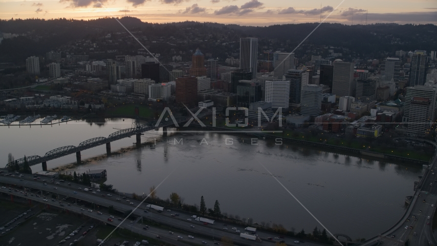 The Willamette River and Downtown Portland at sunset in Oregon Aerial Stock Photo AX155_178.0000242F | Axiom Images