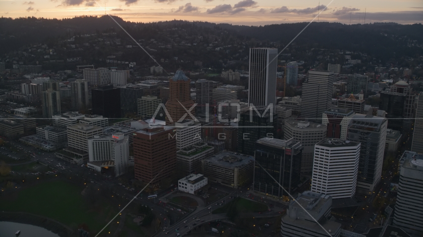 Downtown Portland at sunset in Oregon Aerial Stock Photo AX155_179.0000263F | Axiom Images
