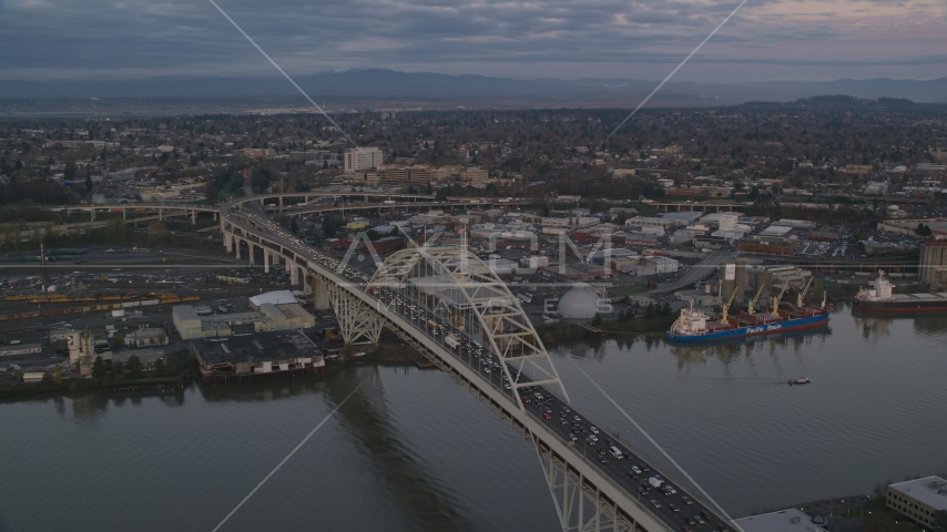 The Fremont Bridge with very heavy traffic at sunset, Portland, Oregon Aerial Stock Photo AX155_182.0000216F | Axiom Images