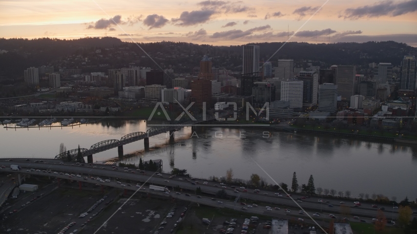 Hawthorne Bridge and Downtown Portland at sunset, Oregon Aerial Stock Photo AX155_189.0000007F | Axiom Images
