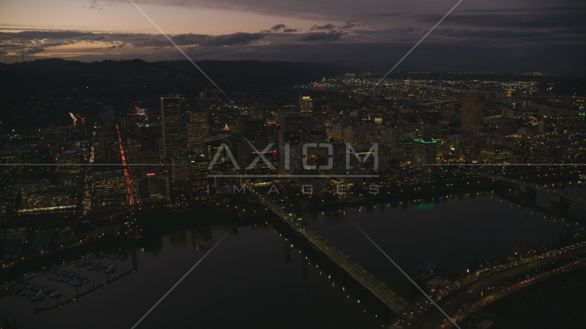 Downtown Portland's cityscape, Hawthorne Bridge, and the Willamette River at sunset, Oregon Aerial Stock Photo AX155_269.0000150F | Axiom Images