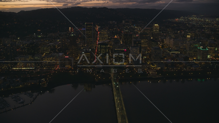Hawthorne Bridge, Downtown Portland's skyscrapers at sunset, Oregon Aerial Stock Photo AX155_270.0000000F | Axiom Images
