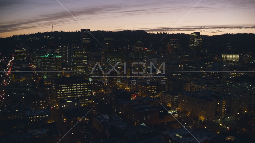 Downtown skyscrapers at sunset, Portland, Oregon Aerial Stock Photo AX155_281.0000100F | Axiom Images