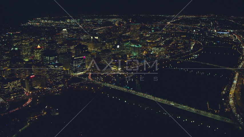Downtown cityscape, bridges over the Willamette River at night, Portland, Oregon Aerial Stock Photo AX155_359.0000000F | Axiom Images