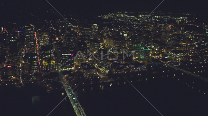Downtown from over the Willamette River, Portland, Oregon, night Aerial Stock Photo AX155_407.0000000F | Axiom Images