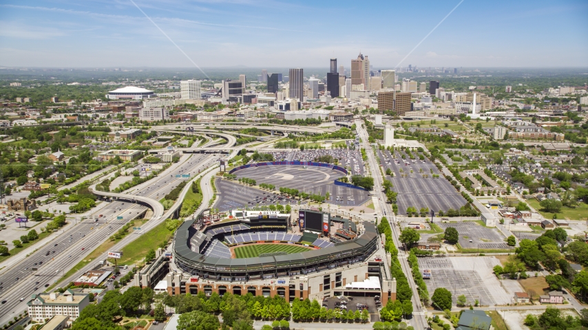Turner Field and the skyline of Downtown Atlanta, Georgia Aerial Stock Photo AX36_033.0000053F | Axiom Images