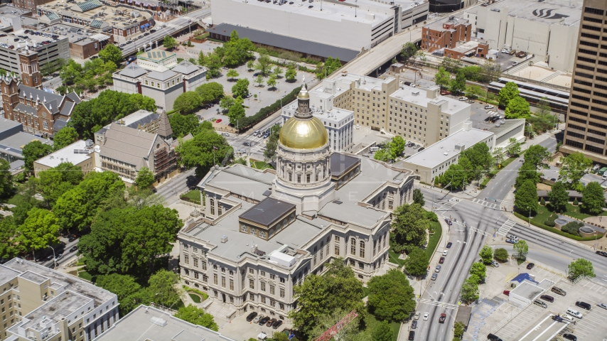 The Georgia State Capitol with golden dome in Downtown Atlanta, Georgia Aerial Stock Photo AX36_036.0000232F | Axiom Images