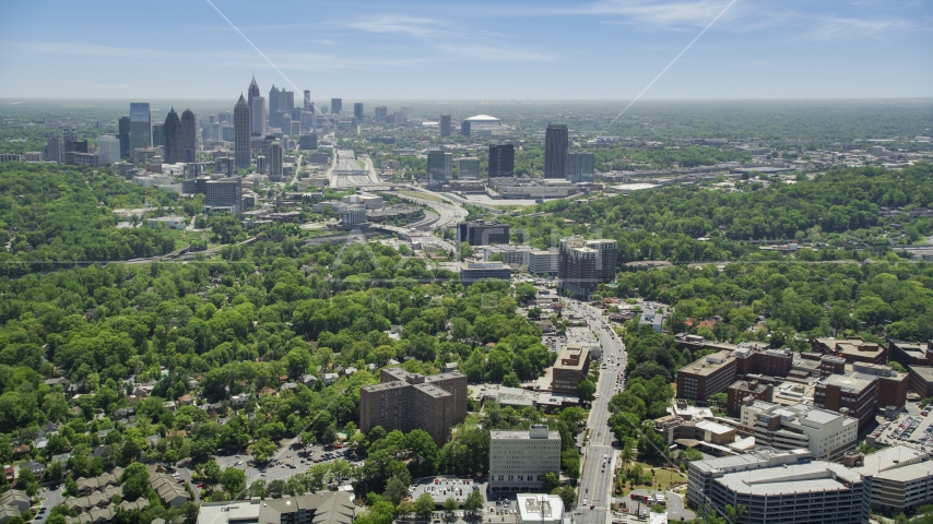 Peachtree Road toward Midtown Atlanta skyline, Georgia Aerial Stock Photo AX36_083.0000088F | Axiom Images