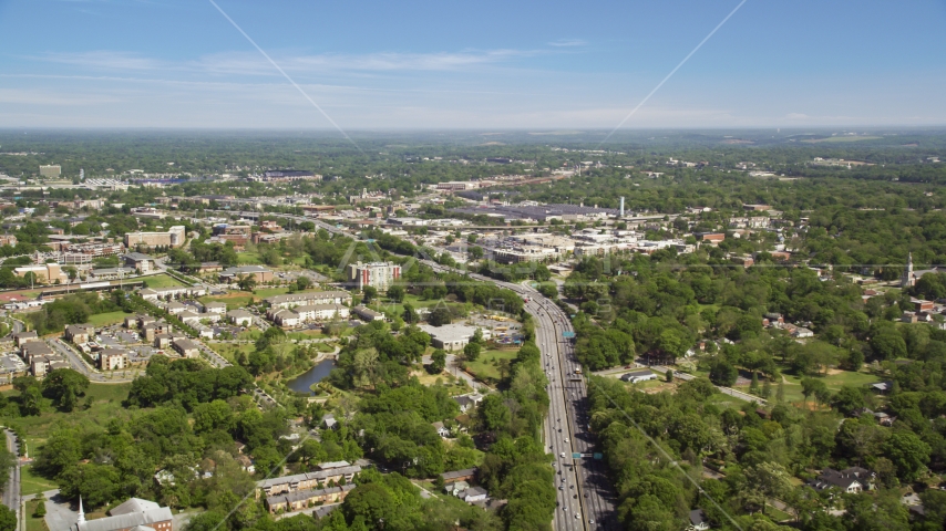 Residential area, skyline in the distance, West Atlanta, Georgia Aerial Stock Photo AX37_007.0000303F | Axiom Images