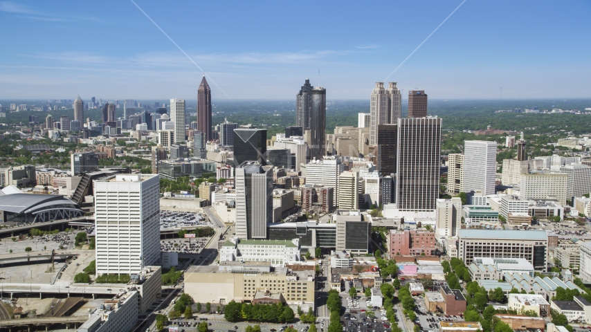 Downtown Atlanta from Midtown skyscrapers, Georgia Aerial Stock Photo AX37_012.0000140F | Axiom Images